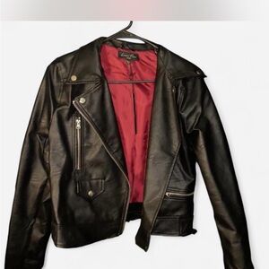 Love Tree Black Faux Leather Jacket with Red Lining